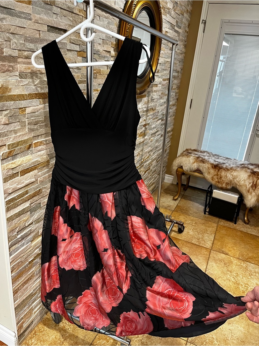 Black and Coral Pink Dress with Stretchy Ruched Bodice VGC